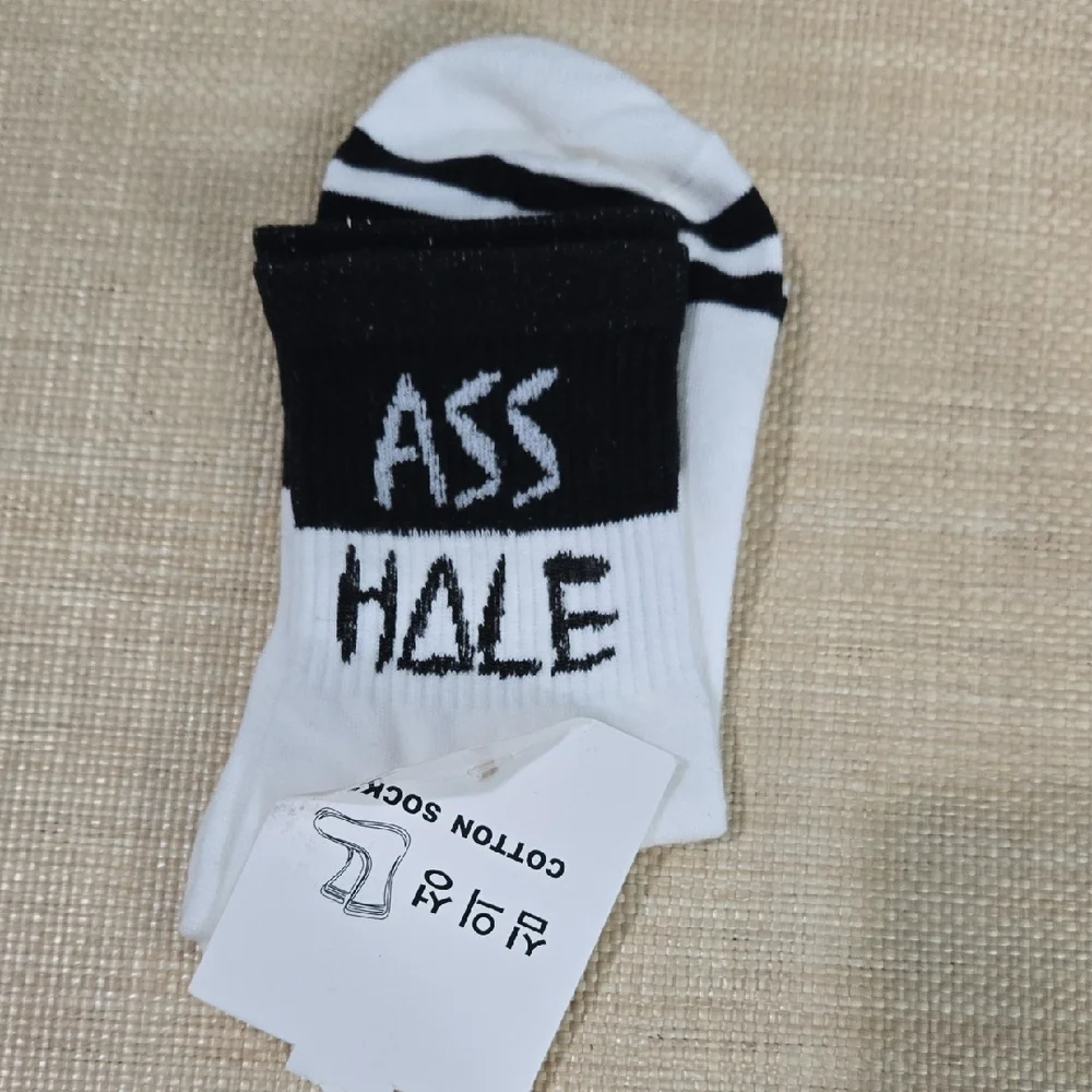 Muji White & Black Graphic Cotton Crew Socks
